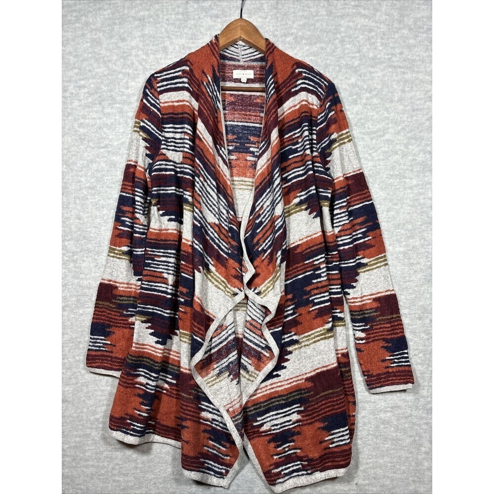 Lucky Brand Open Front Cardigan Sweater‎ Sz L Southwest Aztec Mid Length Casual